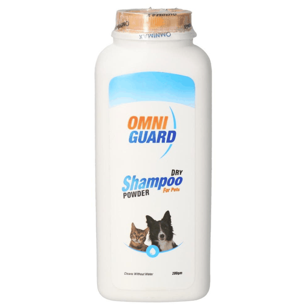Omni Guard dry shampoo powder for pets on a white background