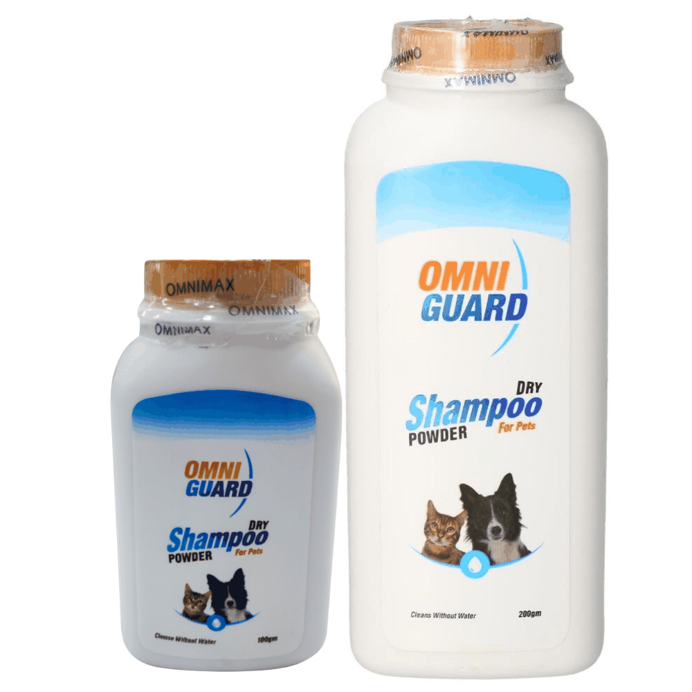 Two bottles of Omni Guard dry shampoo powder for pets on a white background