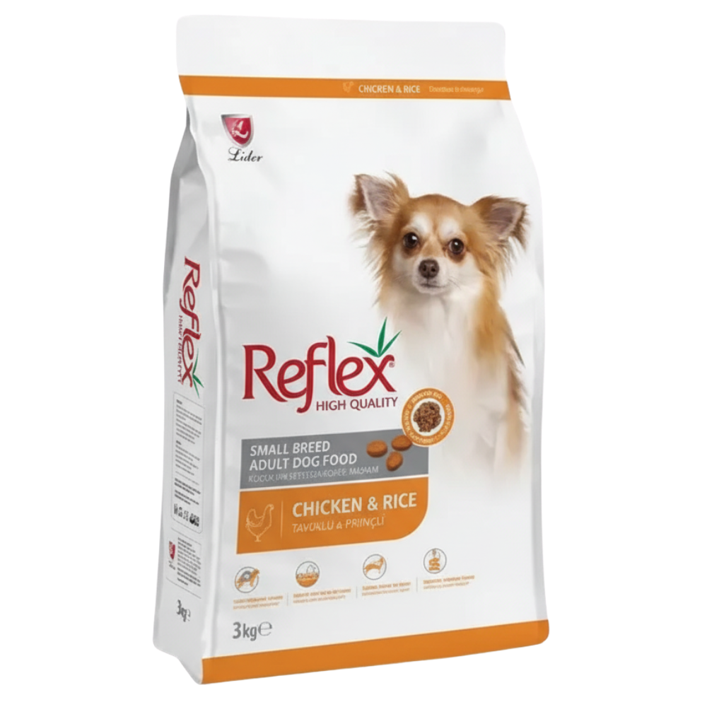 Reflex dog food package for small breed adult dogs with chicken and rice on a white background