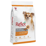 Reflex dog food package for small breed adult dogs with chicken and rice on a white background