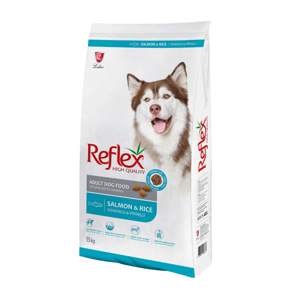 Bag of Reflex High Quality Adult Dog Food with a dog on the packaging