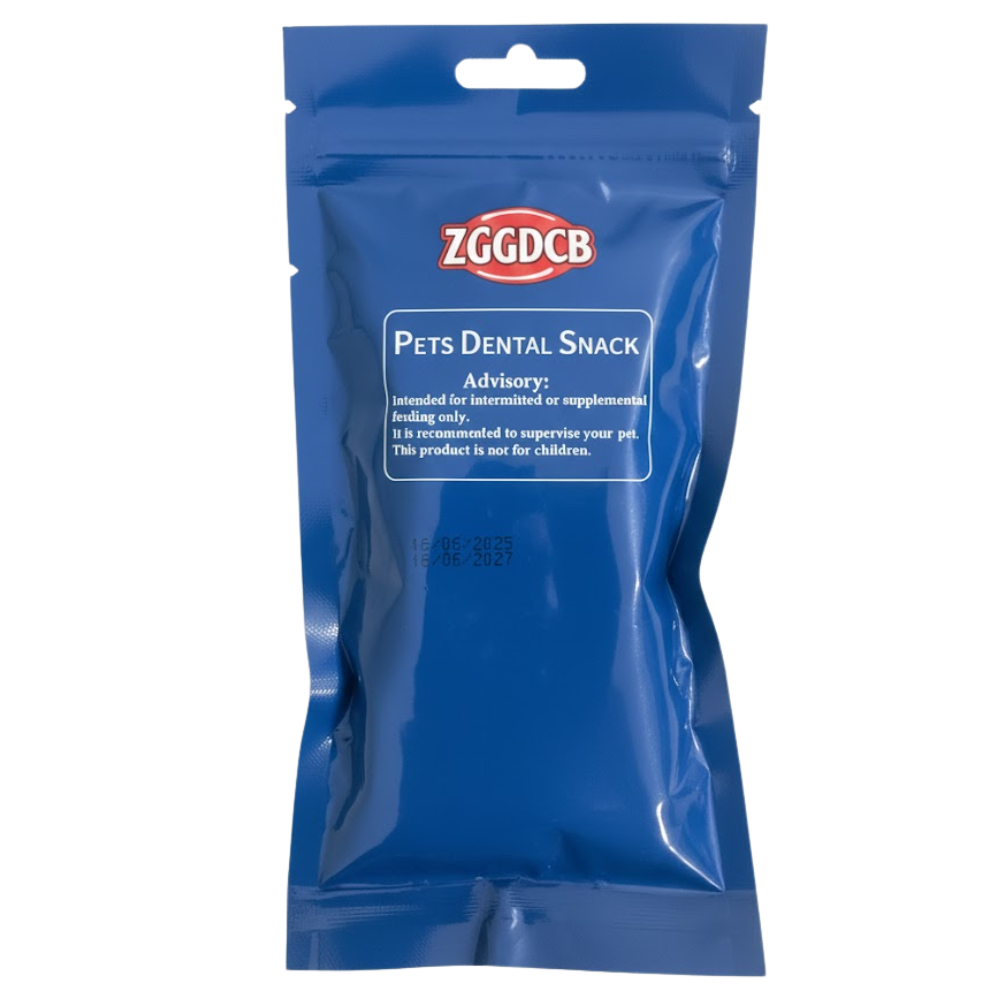 Blue packaging of ZGGDCB pets dental snack on a white background