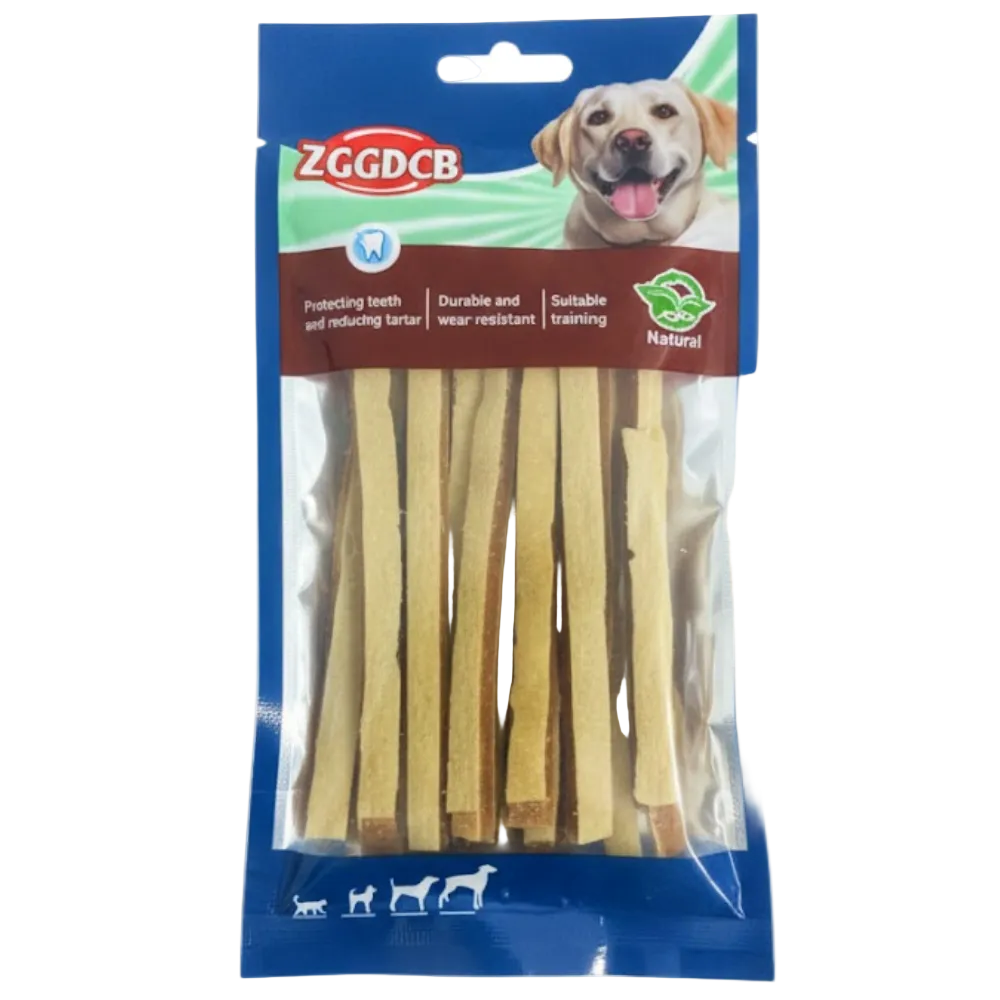Pack of dog chew sticks with ZGGDCB branding on a white background