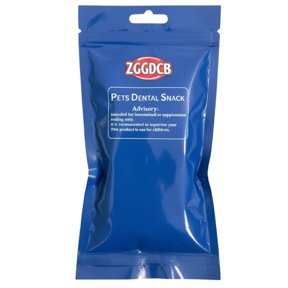 Blue package of pets dental snack with ZGGDCB branding on a white background