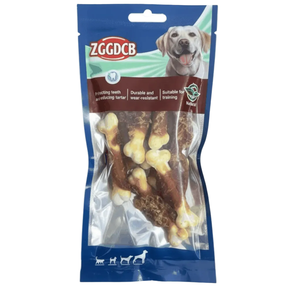 Dog treat package with visible brand name and product details on a white background