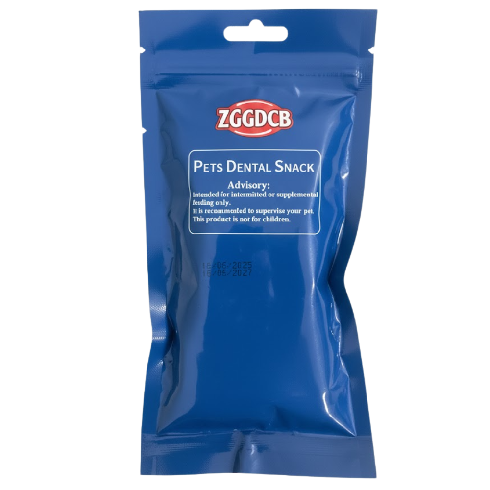 Blue packaging of ZGGDCB pets dental snack on a white background