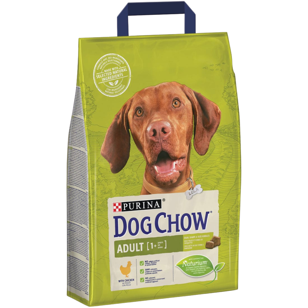 Dog Chow adult dog food packaging with a brown dog on a green background