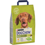 Dog Chow adult dog food packaging with a brown dog on a green background