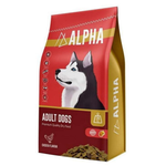 Alpha dog food package with a red and yellow design featuring a dog illustration on a white background.