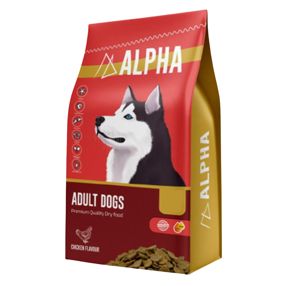 Alpha dog food package with a husky on a red and gold background
