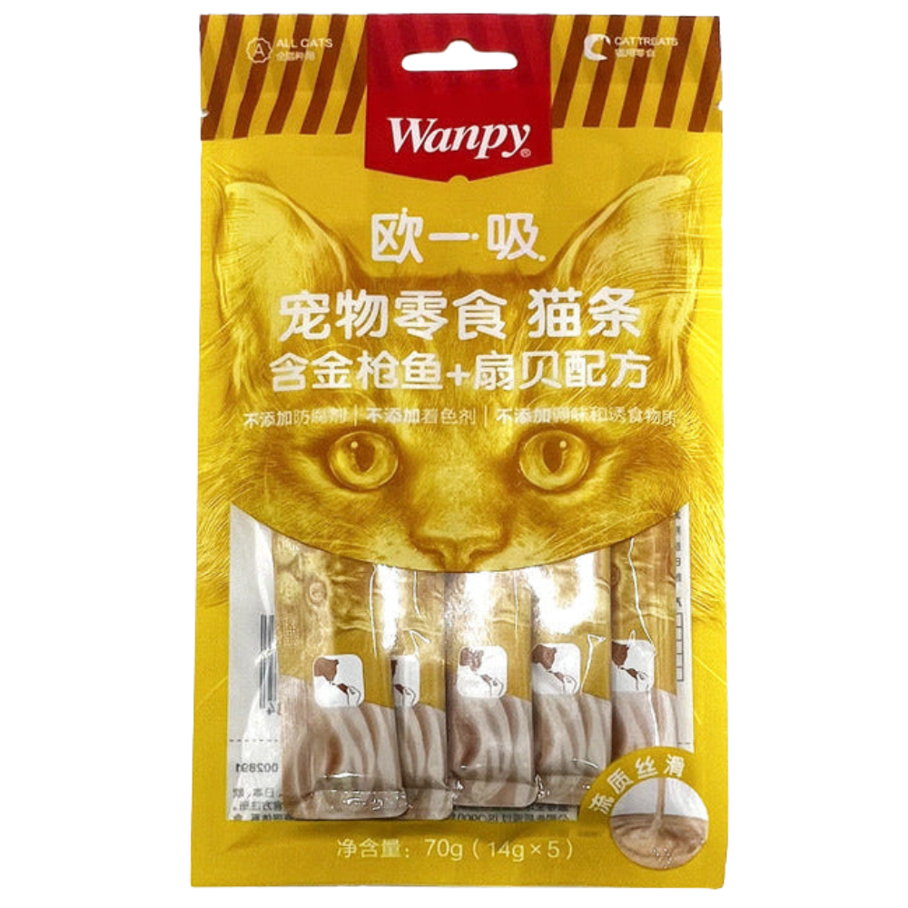 Wanpy cat snack package with a yellow background