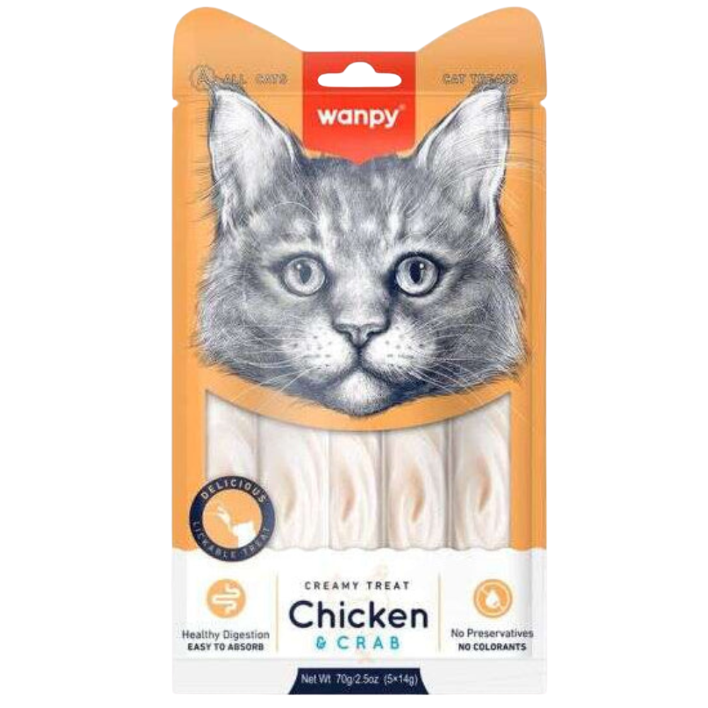 Wanpy cat treat package with a cat illustration on an orange background