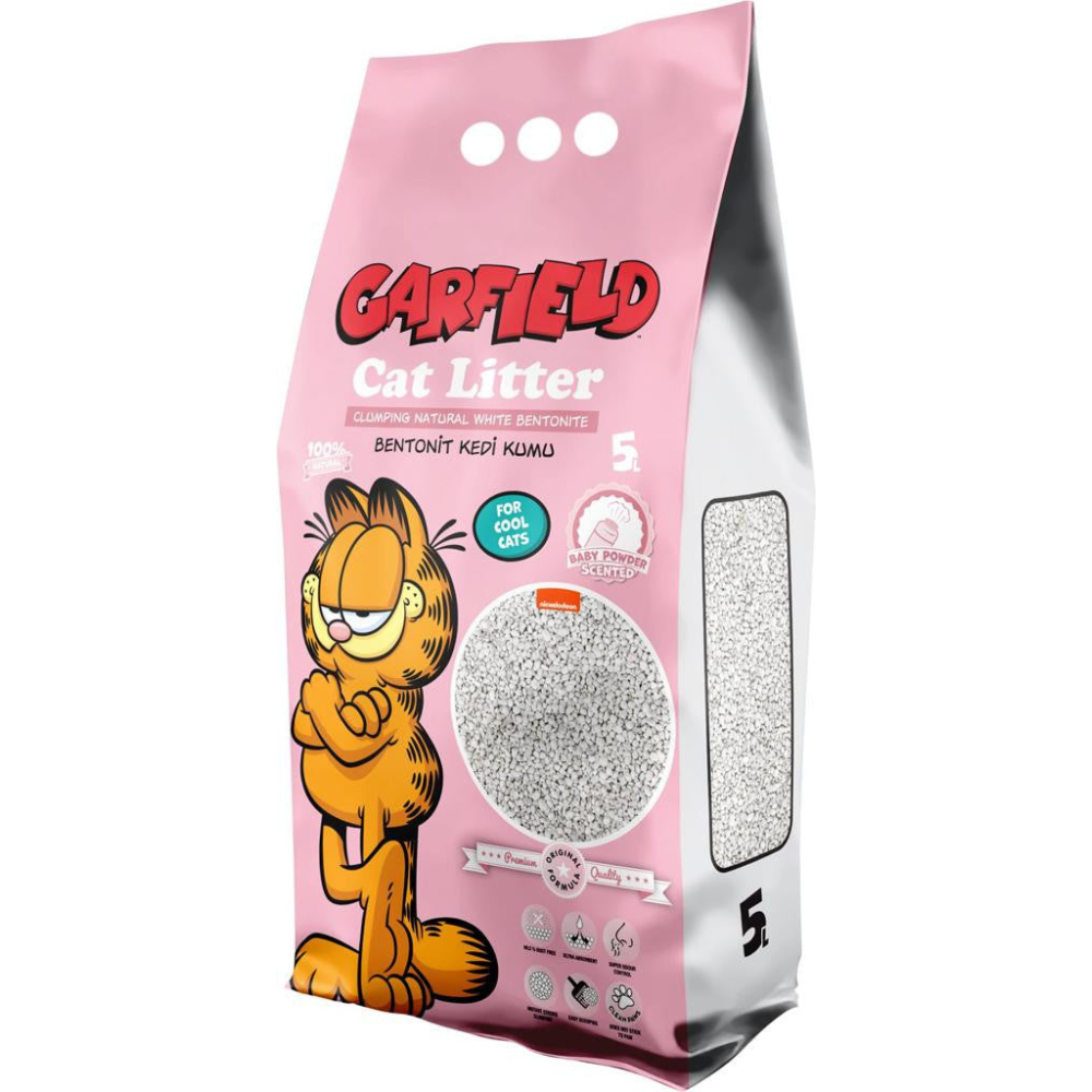 Garfield cat litter package with pink bag and cartoon cat on a white background