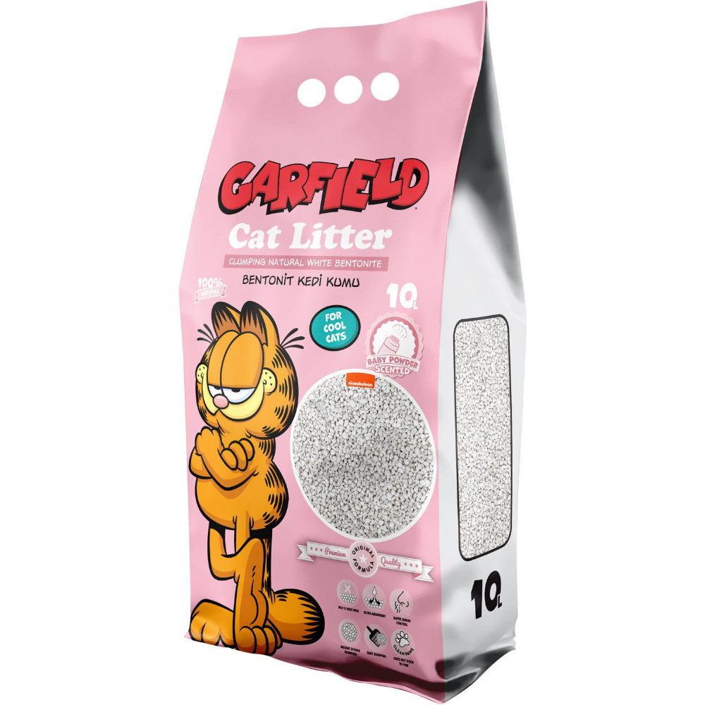 Garfield cat litter packaging with a cartoon cat on a pink background
