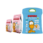 Two packages of Garfield cat litter, one pink and one blue, on a white background.