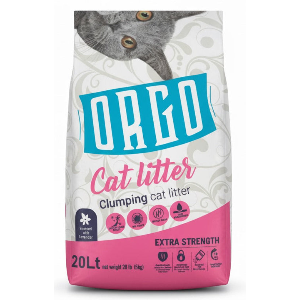 Bag of ORGO cat litter with a cat's face on the packaging.