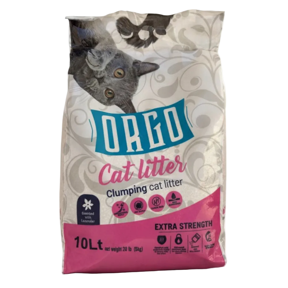 Bag of Oreo cat litter with cat illustrations on a white background