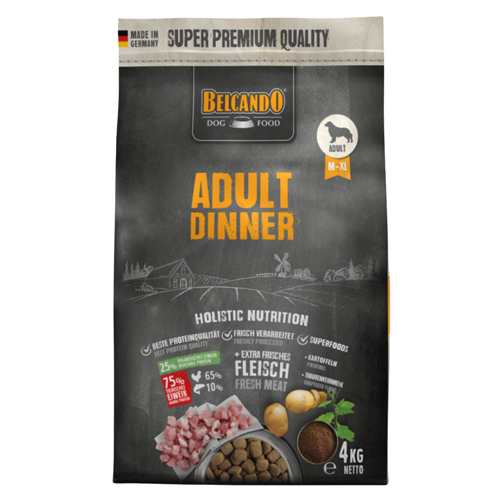 Belcando dog food package for adult dinner on a white background