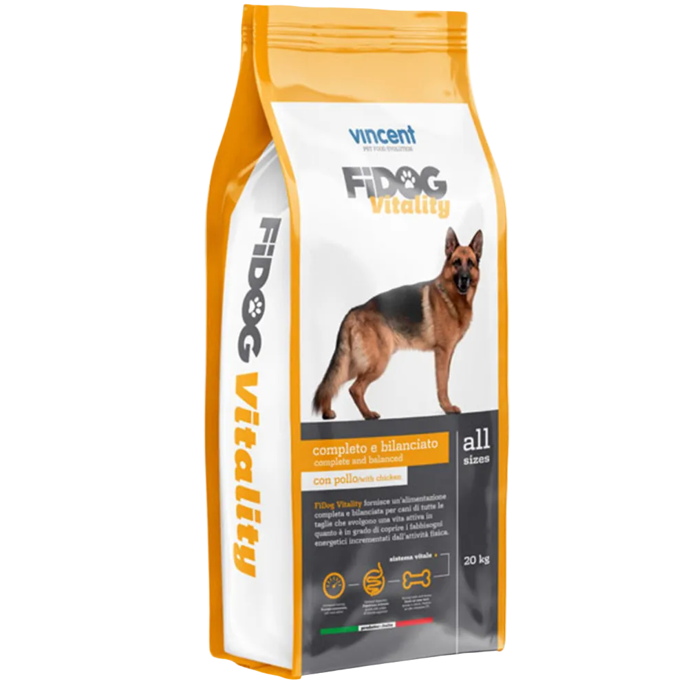 Dog food package with 'Fidog Vitality' branding on a white background