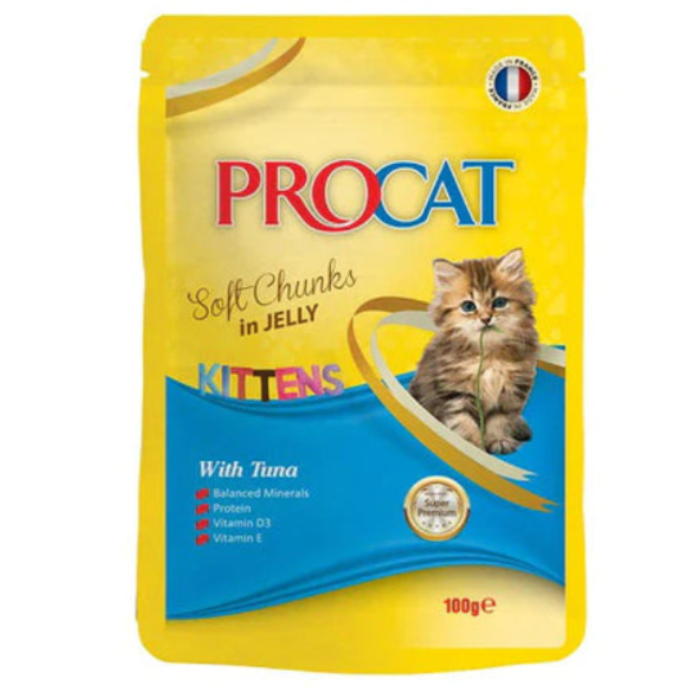 Procat kittens soft chunks in jelly pouch on a white background