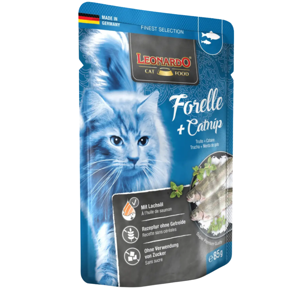 BUY 9 + 1 FREE Leonardo Wet Food Adult Cat with Trout and Catnip 85 g