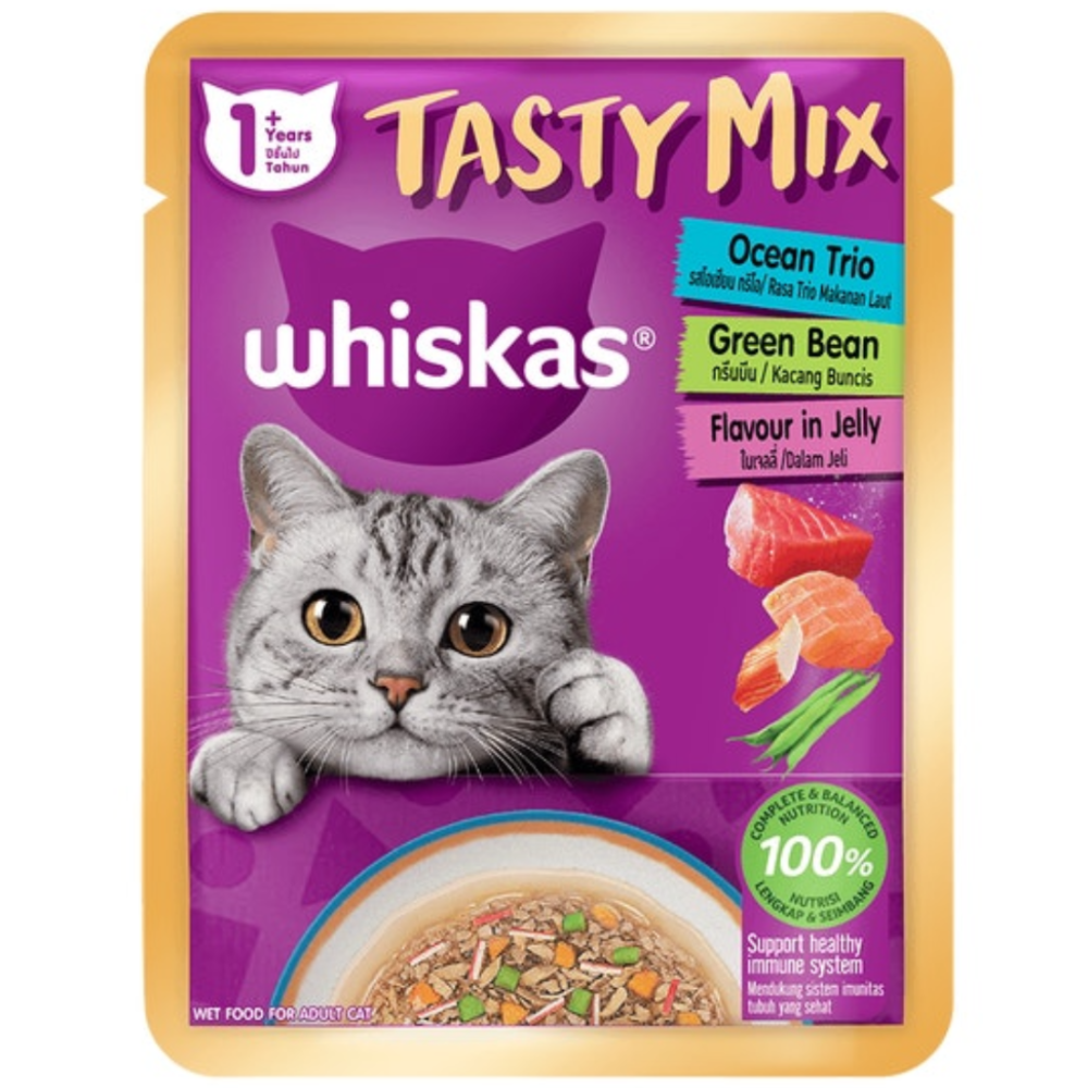 Whiskas Tasty Mix cat food packet with a purple background and a cat's face on it.