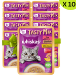 Packaging of Whiskas Tasty Mix cat food with a green ribbon on a white background