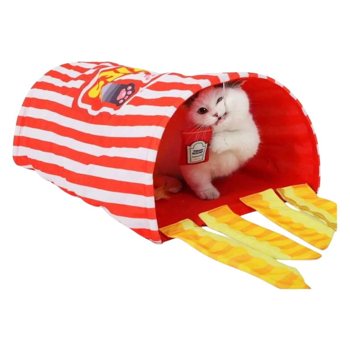Naomi Red and White Cat Tunnel with Hanging Toy