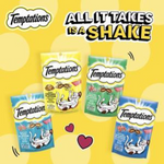 Temptations cat treats packaging with promotional text on a yellow background