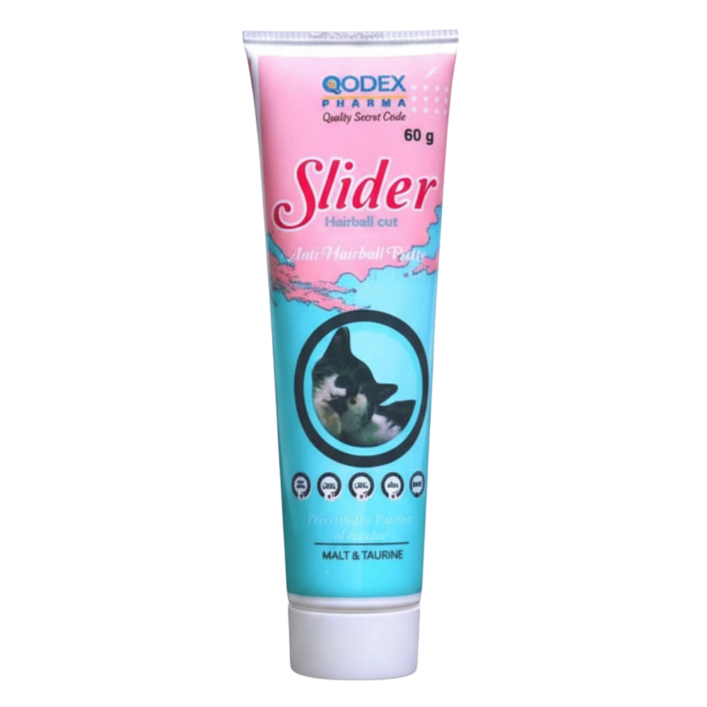 Tube of Qodex Pharma Slider for hairball control on a white background