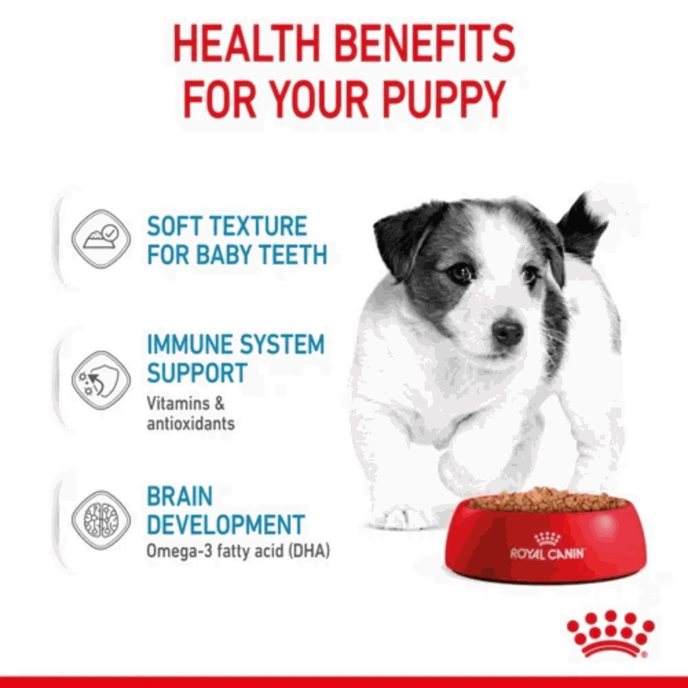 Advertisement for Royal Canin puppy food with a puppy and text about health benefits on a white background.