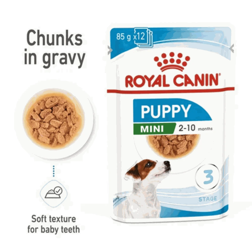 Royal Canin Puppy Mini wet dog food packaging with text and images of food and a puppy.