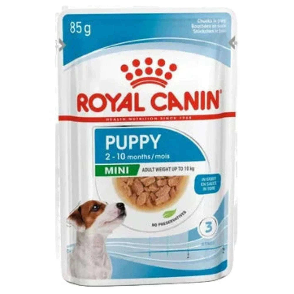 Royal Canin Puppy food pouch for mini breeds on a white background