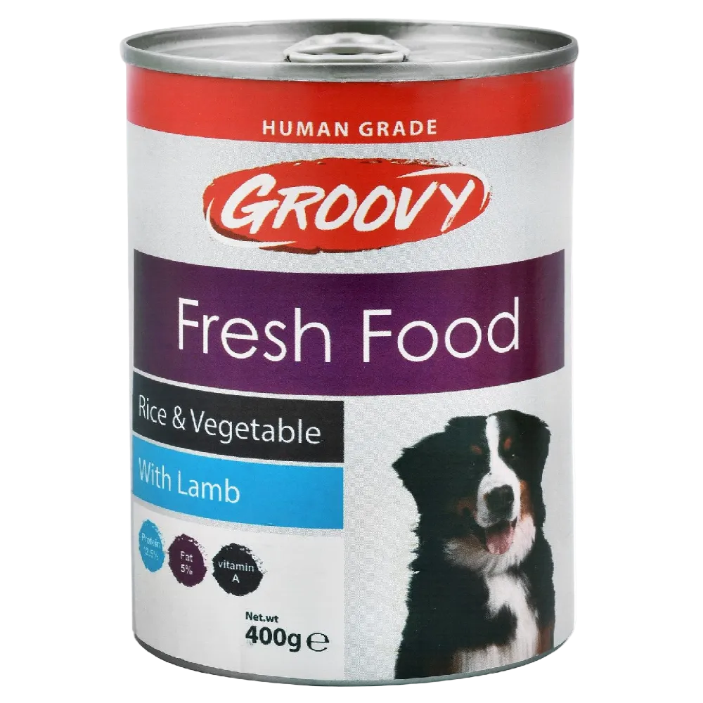 Can of Groovy Fresh Food for dogs with a picture of a dog on the label.