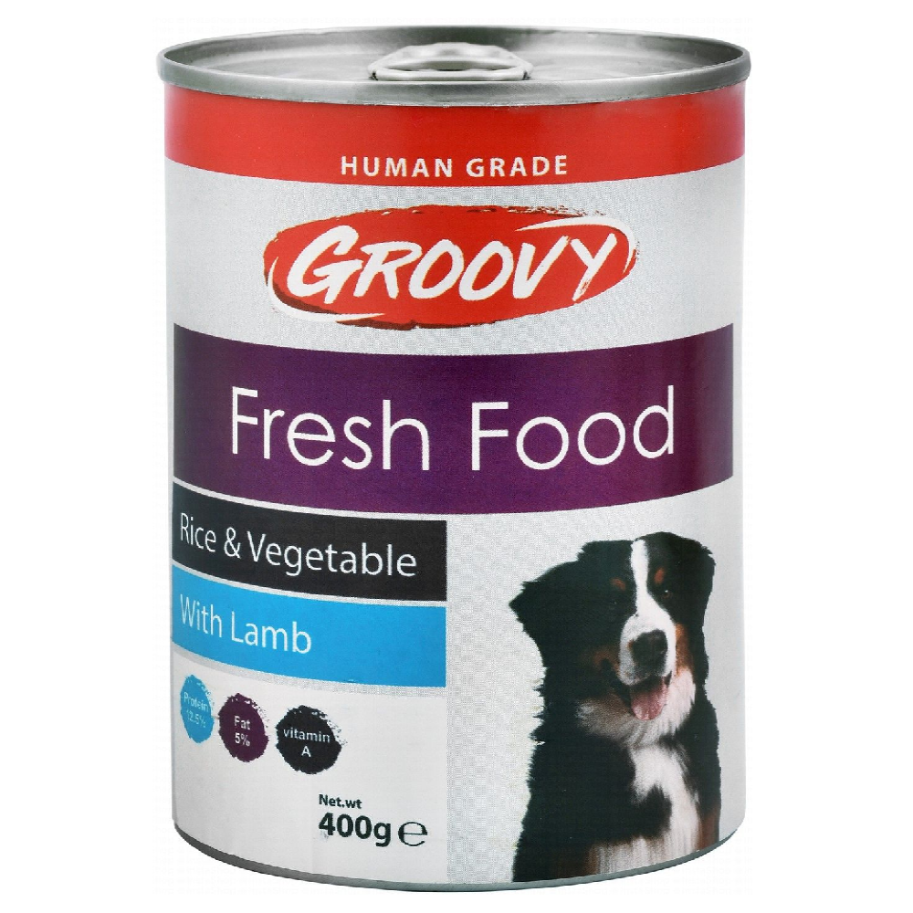 Can of Groovy Fresh Food for dogs with a picture of a dog on the label.