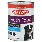 Can of Groovy Fresh Food for dogs with a picture of a dog on the label.