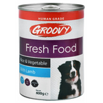 Can of Groovy Fresh Food for dogs with a picture of a dog on the label.