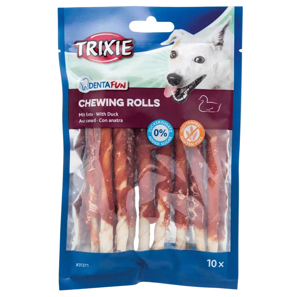 Pack of Trixie DentaFun Chewing Rolls with duck flavor on a blue background