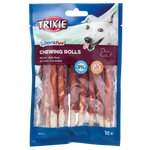 Pack of Trixie DentaFun Chewing Rolls with duck flavor on a blue background