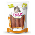 Package of Truly cat snacks with duck sticks on a white background