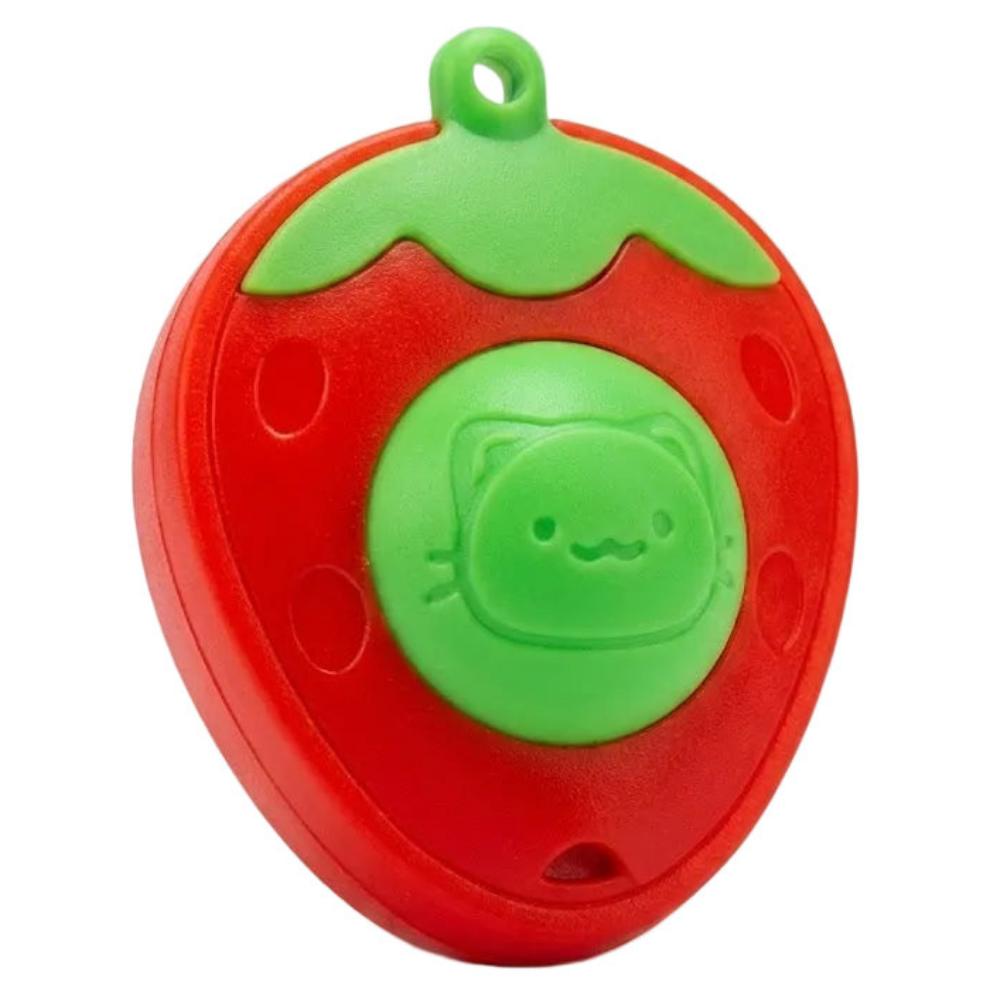 Strawberry-shaped keychain with a green cat face design on a white background