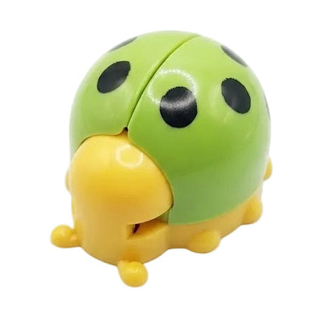 Green and yellow ladybug-shaped object on a white background