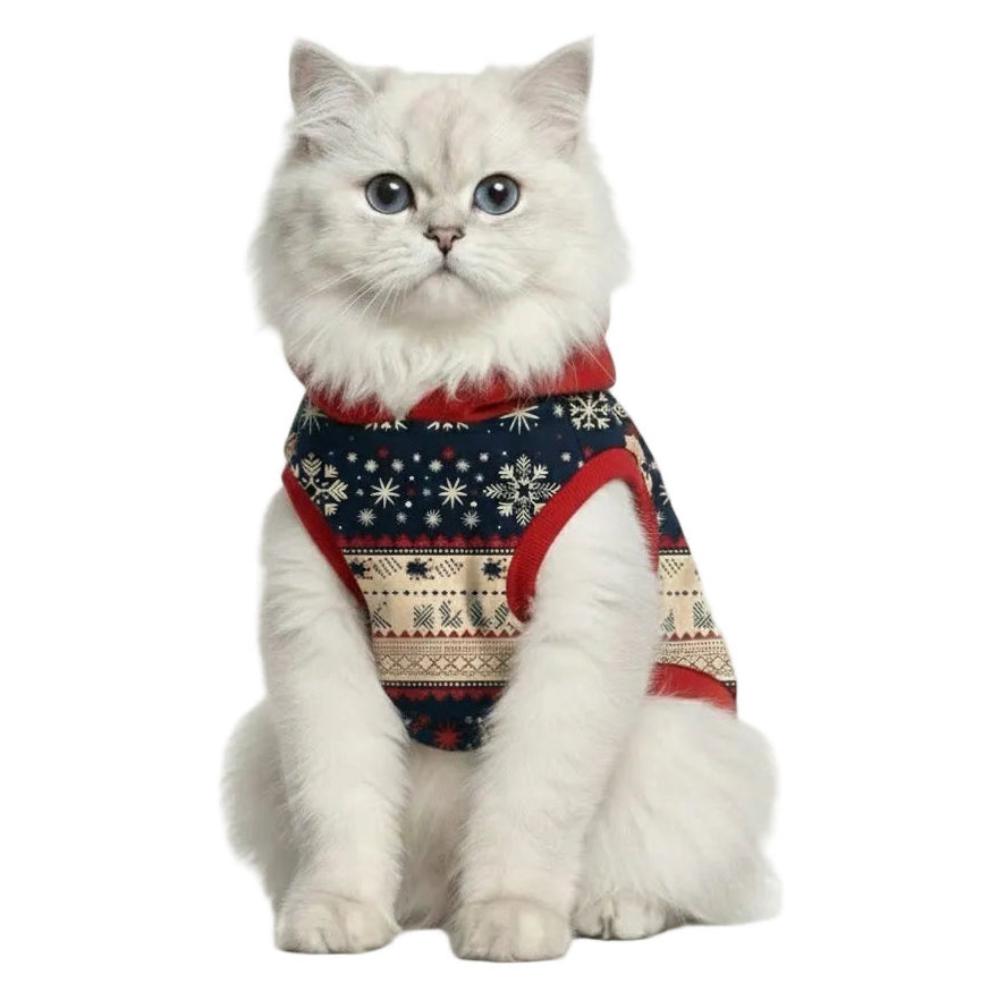 Cat wearing a festive sweater with a white background