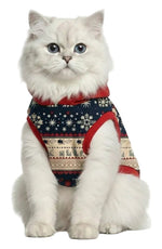Cat wearing a festive sweater with a white background