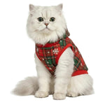 White cat wearing a red plaid sweater with snowflake patterns on a white background