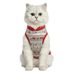 Cat wearing a red and white patterned harness on a white background
