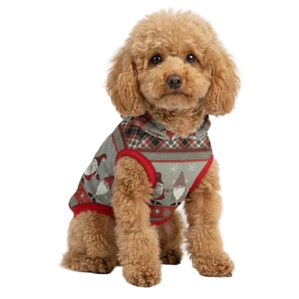 Small dog wearing a plaid outfit with red accents on a white background