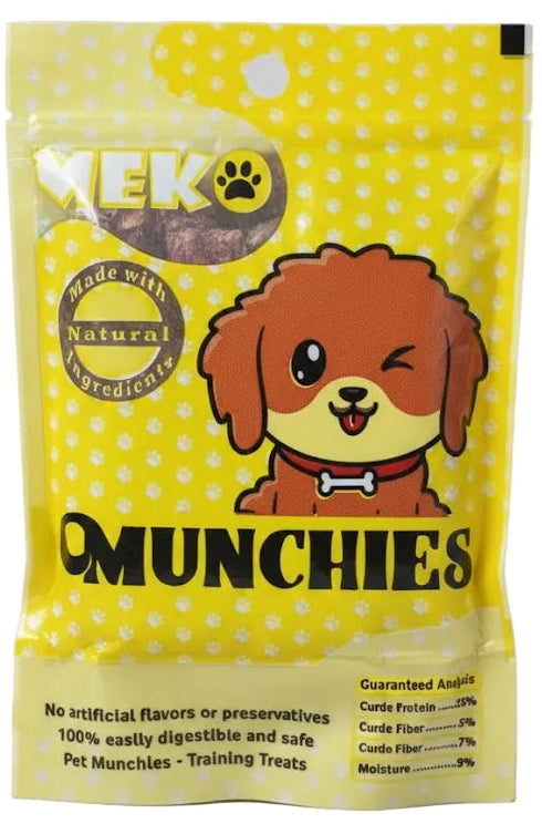 Yellow package of MEKO OMUNCHIES dog treats on a gray background