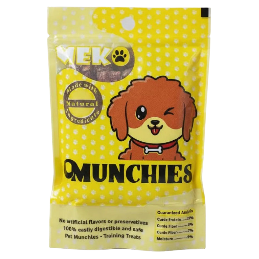 Yellow package of MEKO OMUNCHIES dog treats on a gray background