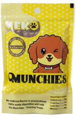 Yellow package of MEKO OMUNCHIES dog treats on a gray background